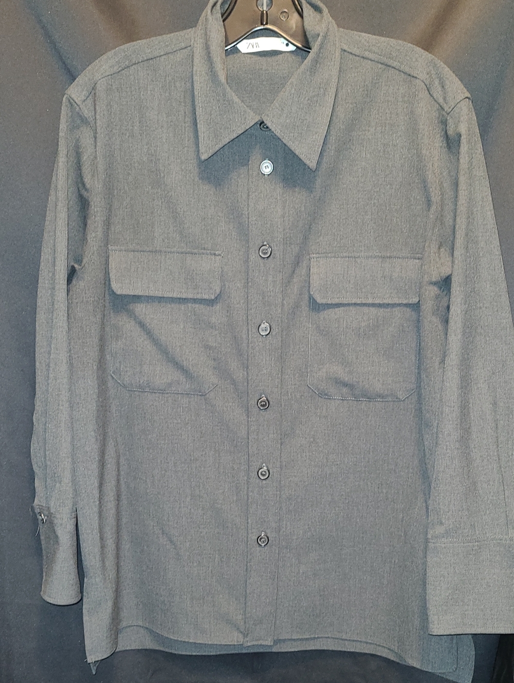 Zara Men's Dark Gray Button-Down Overshirt featuring  double front Patch Pocket